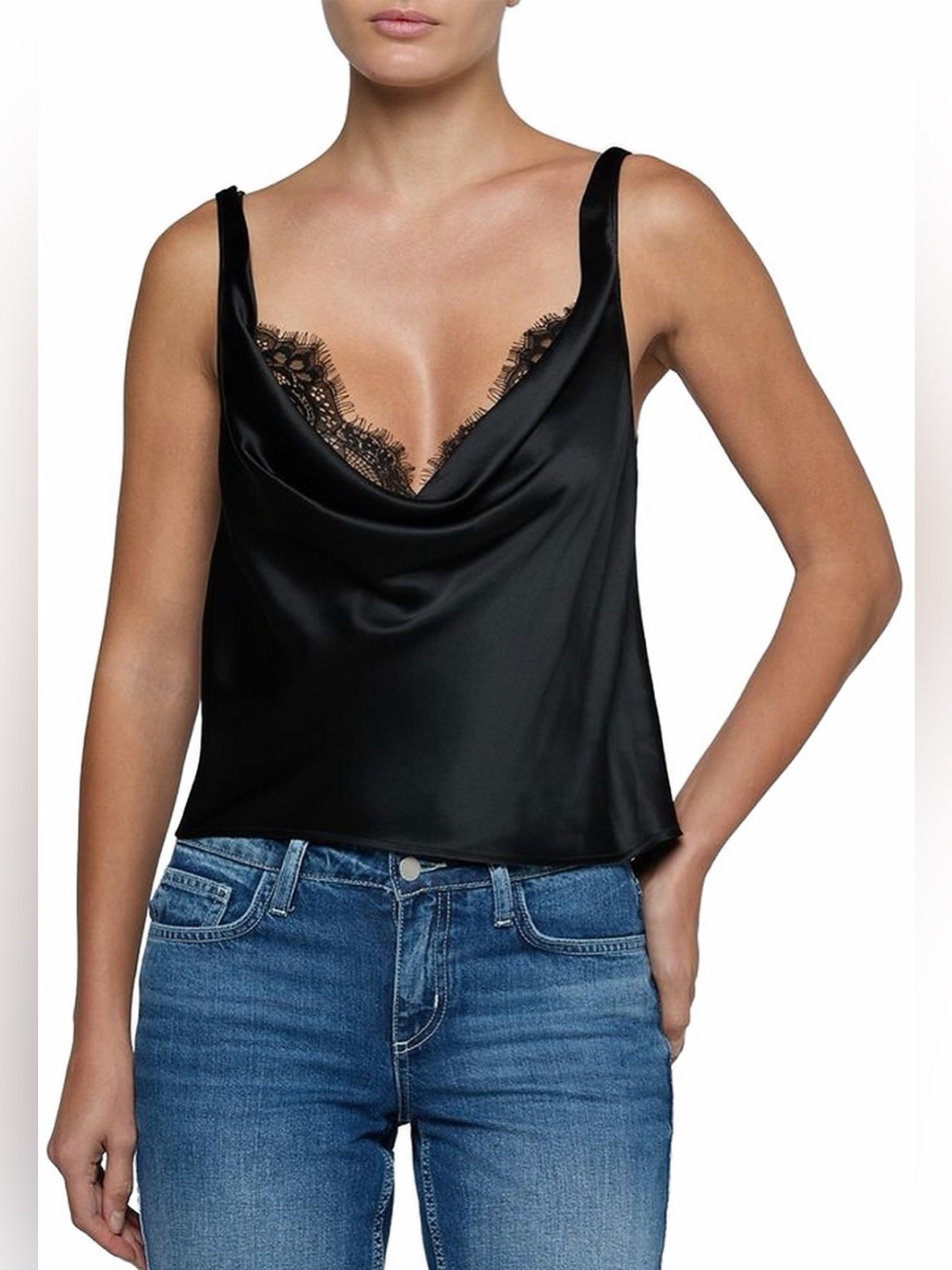L'AGENCE Evadne Cowl Neck Lace Trim Lace Tank Top